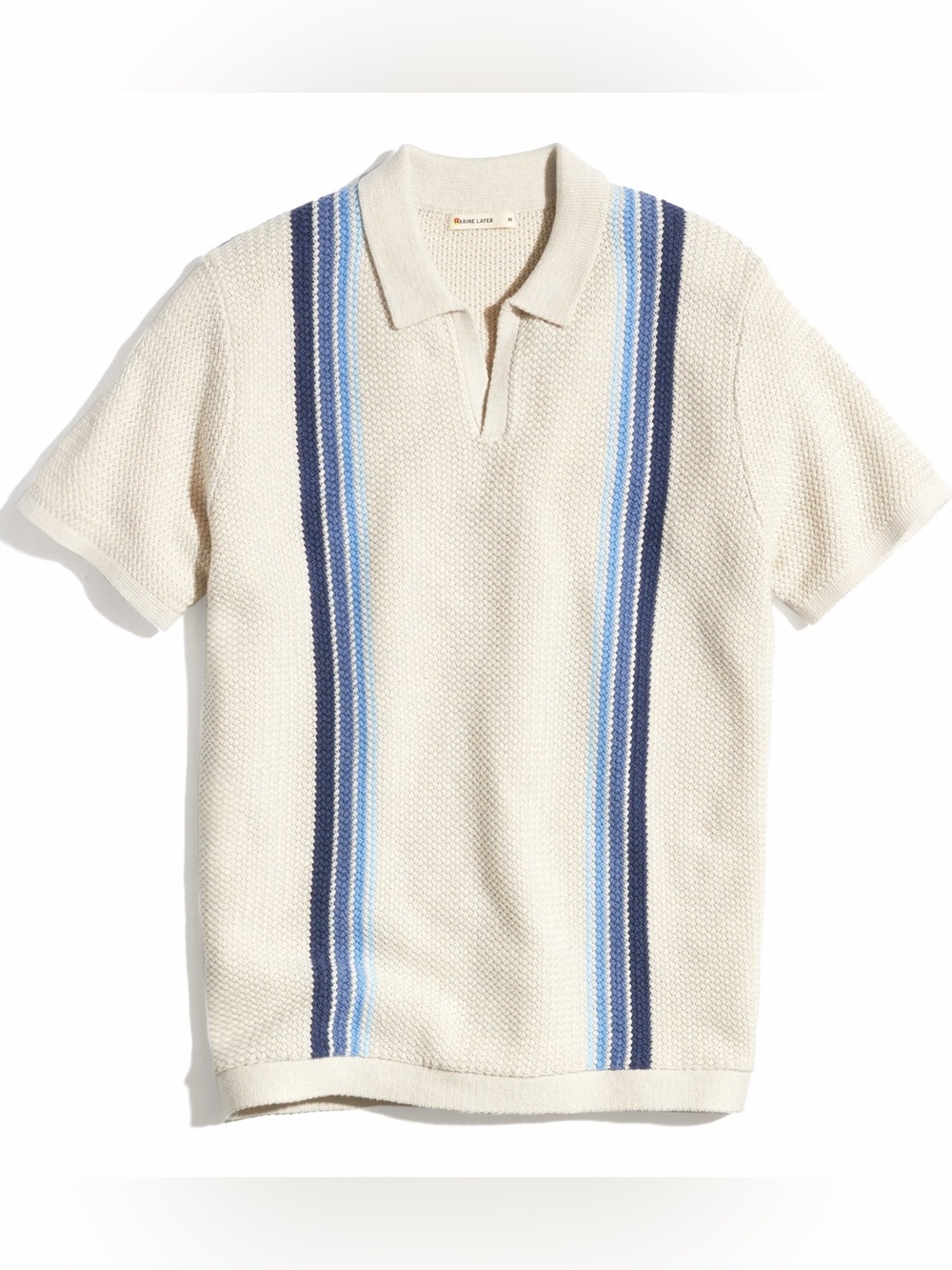 Marine Layer Conrad Sweater Polo Cream Knit Polo with Blue Stripe Accents - Picture 2 of 9